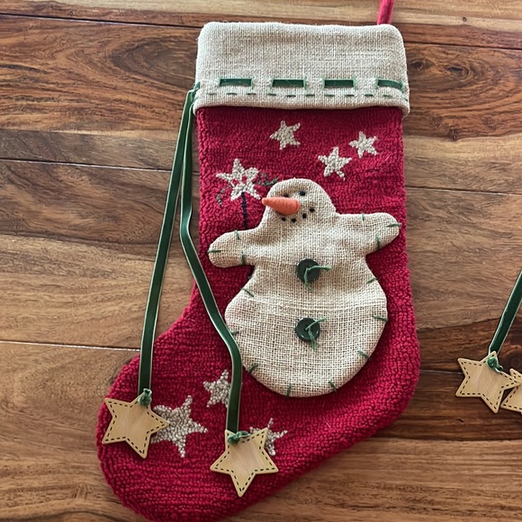 Two wool backed crewel snowman Christmas stockings. Primitive. - Picture 3 of 6